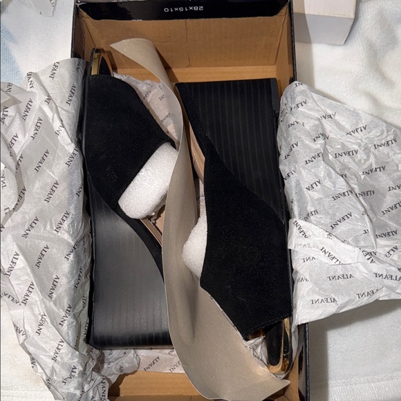 Alfani Black Suede Open-Toe Wedge Mule with Gold Accent - Picture 6 of 7